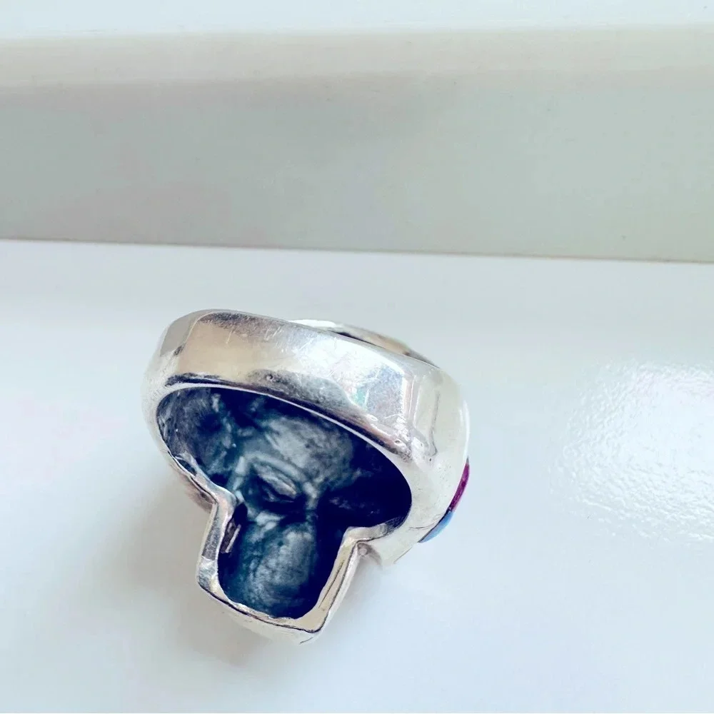 Handmade Sterling Silver & Multi Stone Inlay Skull/Biker/Rocker Ring Size 9.5